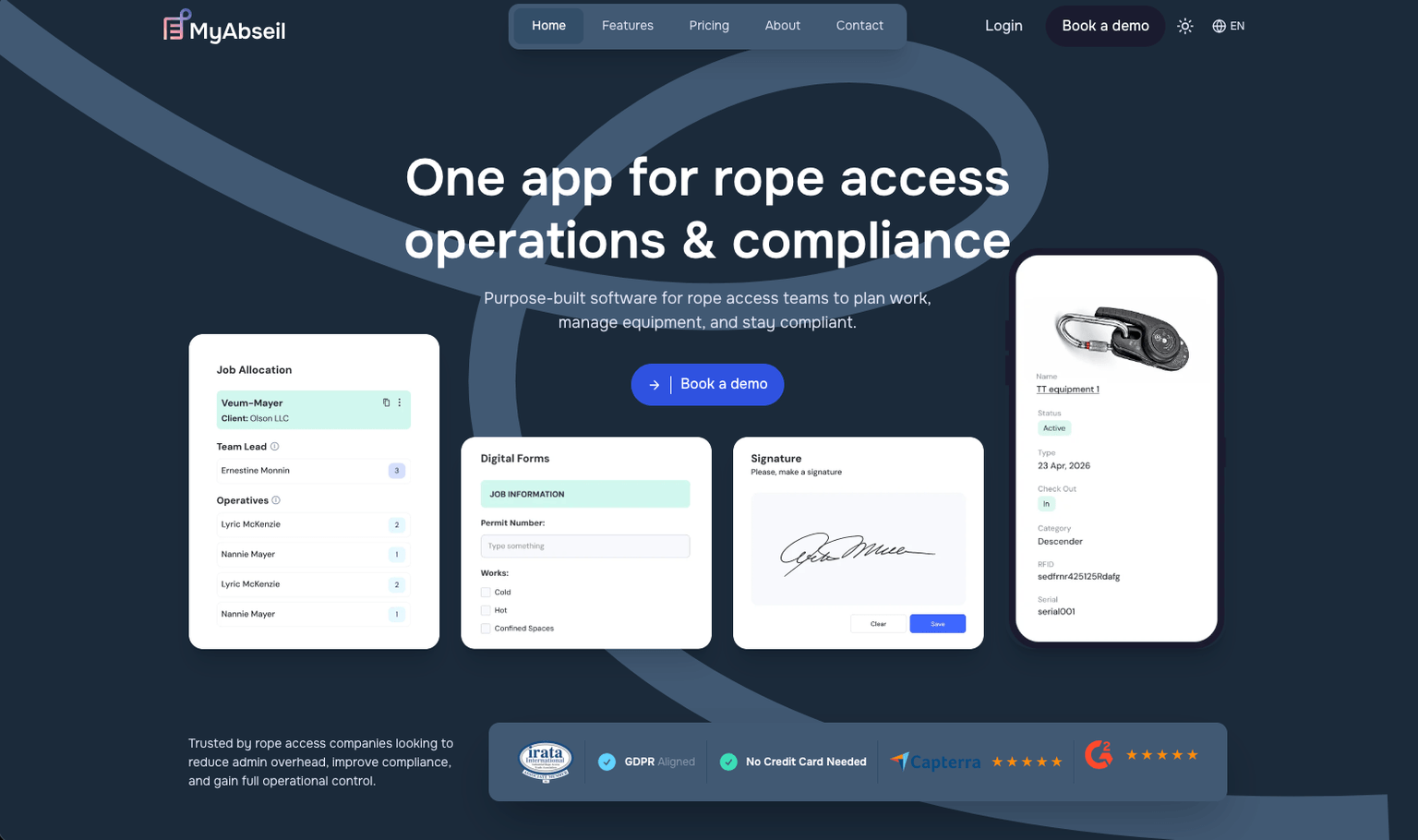 MyAbseil marketing site: the headline “One app for rope access operations & compliance” above cards for job allocation, digital forms, signatures and equipment